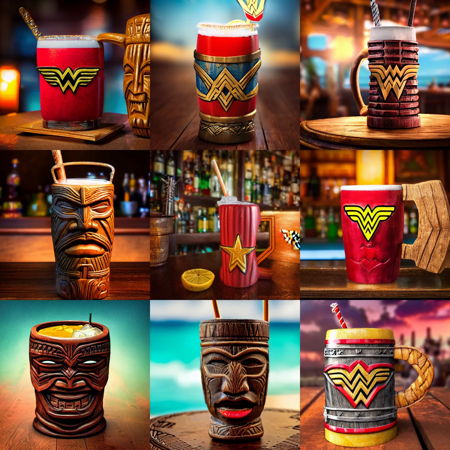 Image similar to a closeup photorealistic photograph of a wonder woman style tiki mug placed on a trader vic's bar. tiki theme. bright scene. fine detail. this 4 k hd image is trending on artstation, featured on behance, well - rendered, extra crisp, features intricate detail, epic composition and the style of unreal engine.