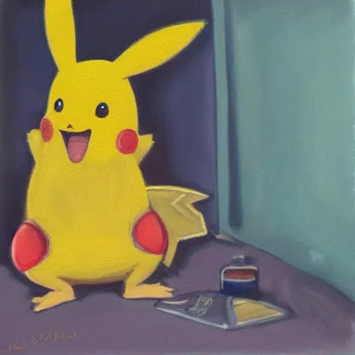 Prompt: sad masterful oil painting of twice divorced alcoholic pikachu alone in his room