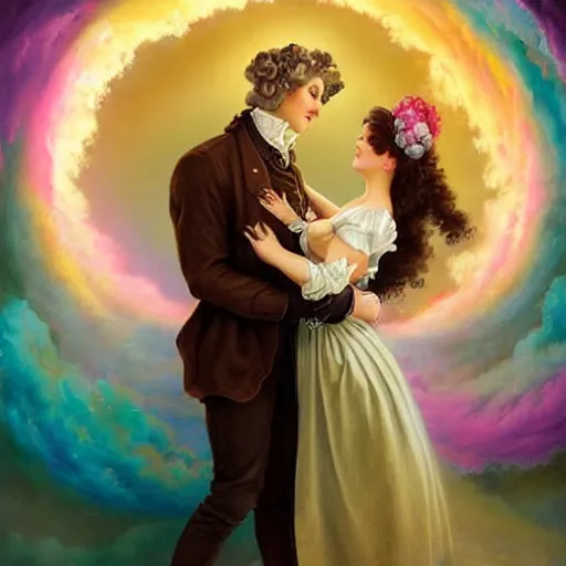 Prompt: A vintage rococo painting Charlie Bowater and Gabrielle Ragusi by Salvador Dalle Lisa Frank :: He always knew she was the one :: dapper man handsome with beautiful hair and brown eyes, a smile to take your breath away. Cute and mine from the first meeting until the end of time :: hd - H 960