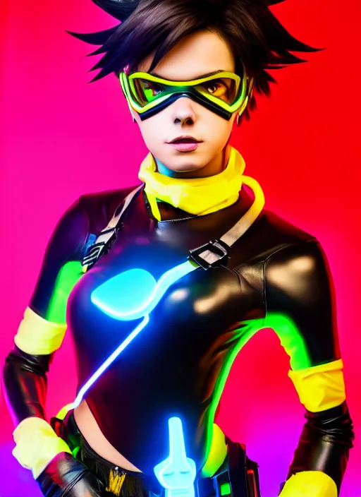 Prompt: full body overwatch style oil painting portrait of tracer overwatch, confident pose, wearing black jagged iridescent rainbow latex armor, rainbow, neon, 4 k, expressive surprised expression, makeup, wearing rainbow neon choker, studio lighting, black leather harness, expressive detailed face and eyes,