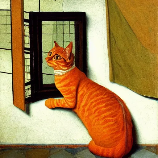 Prompt: a painting of an orange cat staring profoundly into the window, a detailed painting by johannes vermeer, behance, american scene painting, dutch golden age, detailed painting, academic art