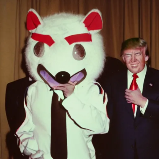 Prompt: polaroid photograph of donald trump at a furry convention, posing with a fursuit