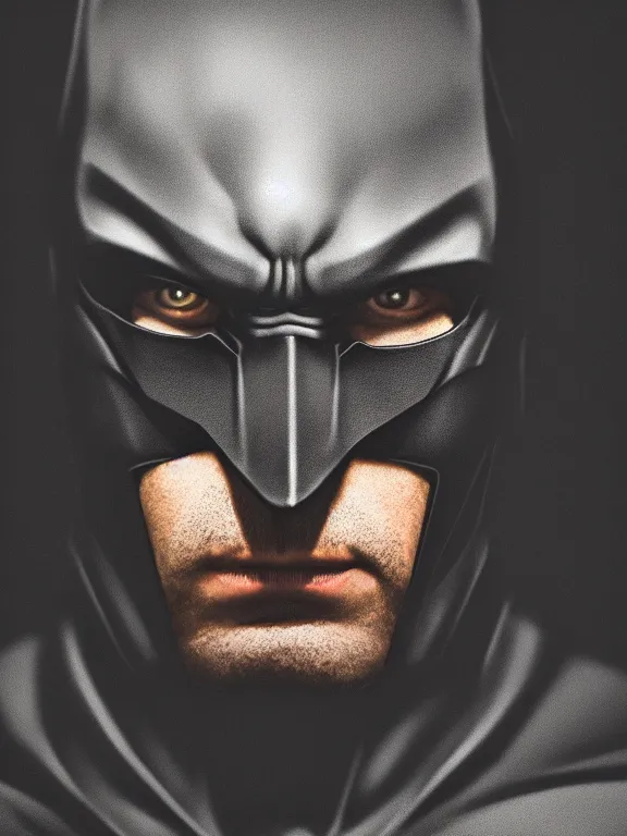 Image similar to portrait, ryan renolds as batman, hyperrealism, moody lighting, intricate, 8 k