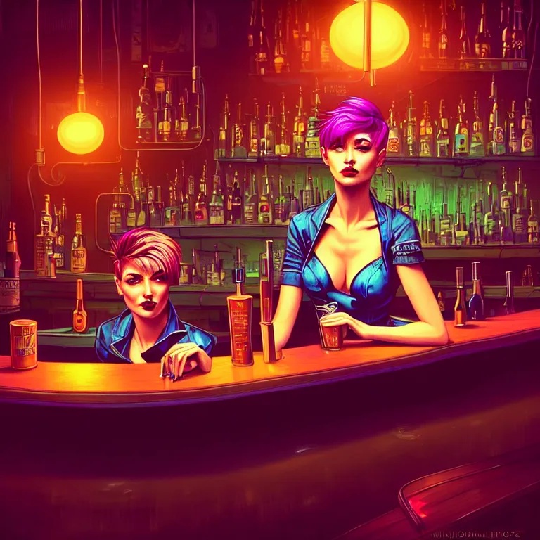 Prompt: a young sophisticated beautiful barmaid, dimly lit industrial grunge cyberpunk dive bar, dystopian retrofuturistic 1980s neon vibe, relaxed pose, sitting at the bar, pixie cut with shaved side hair, wild, highly detailed, digital painting, artstation, sharp focus, illustration, detailed painterly digital art style by WLOP and Cory Loftis + perfect facial symmetry + dim volumetric lighting, vibrant deep colors, 🍸, 8k octane beautifully detailed render, post-processing, extremely hyperdetailed, epic composition, grim yet sparkling atmosphere, cinematic lighting + masterpiece, Art Nouveau