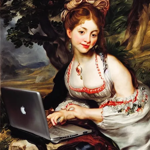 Image similar to heavenly summer sharp land sphere scallop well dressed lady working on her laptop auslese, by peter paul rubens and eugene delacroix and karol bak, hyperrealism, digital illustration, fauvist, looking at her imac laptop