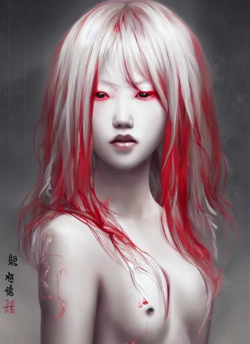 Image similar to albino maiko with very long fantasy hair, fluent composition, red and white neon, concept art, ambient light, 4 k, intricate details, highly professionally detailed, cgsociety, highly detailed -