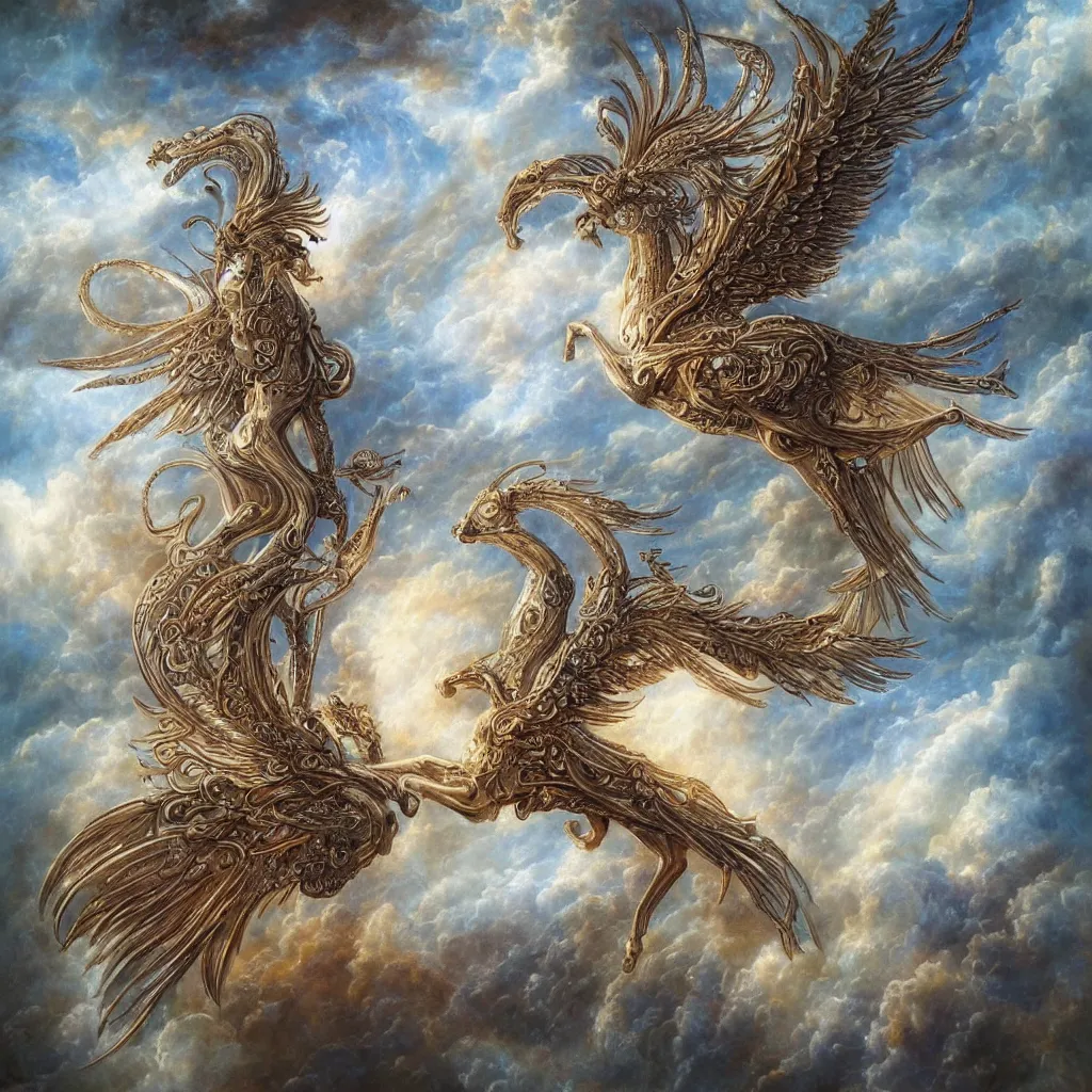 Image similar to a beautiful magestic pegasus made of magical elven intricate biomechanical terndrils and leaves and feathers and gemstones flying through a mystical sky of incence smoke and glowing embers and clouds, by George Stubbs, by donato giancola, by amanda sage, by beeple, particle effects, intricate detail, trending on cgsociety, trending on artstation, 8k 3d, high definition