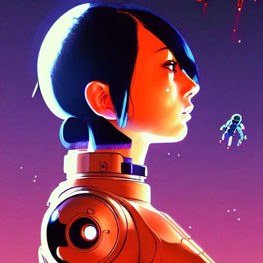 Image similar to side portrait scifi cyborg girl with robotic parts and spacesuit | | head only in center of image, audrey plaza, fine detail!! anime!! realistic shaded lighting!! poster by ilya kuvshinov katsuhiro otomo ghost - in - the - shell, magali villeneuve, artgerm, jeremy lipkin and michael garmash and rob rey