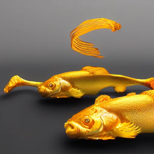 Prompt: Golden fish strip dancer hyperrealistic, octane render, dynamic lighting