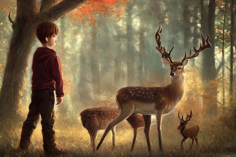 Image similar to a boy meeting a deer god, by WLOP on artstation,