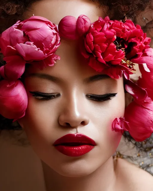 Image similar to Portrait of a European woman, black, close-up, high sharpness, zeiss lens, fashion photo shoot, peony flowers, red hair, red lipstick, in the background of gold, they have rhinestones on their face, Edward Buba, Annie Leibovitz and Steve McCurry, Leslie Zhang, David Lazar, Jimmy Nelsson, Eiko Hosoe, artistic, hyperrealistic, beautiful face, octane rendering