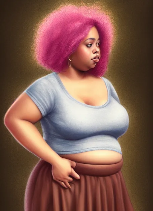 Image similar to full body portrait, teenage vanessa morgan, pink hair, brown skin, obese, curly pixie hair, sultry, realistic, short hair, hoop earrings, skirt, shirt, fat, belly, intricate, elegant, highly detailed, digital painting, artstation, concept art, smooth, sharp focus, illustration, art by wlop, mars ravelo and greg rutkowski