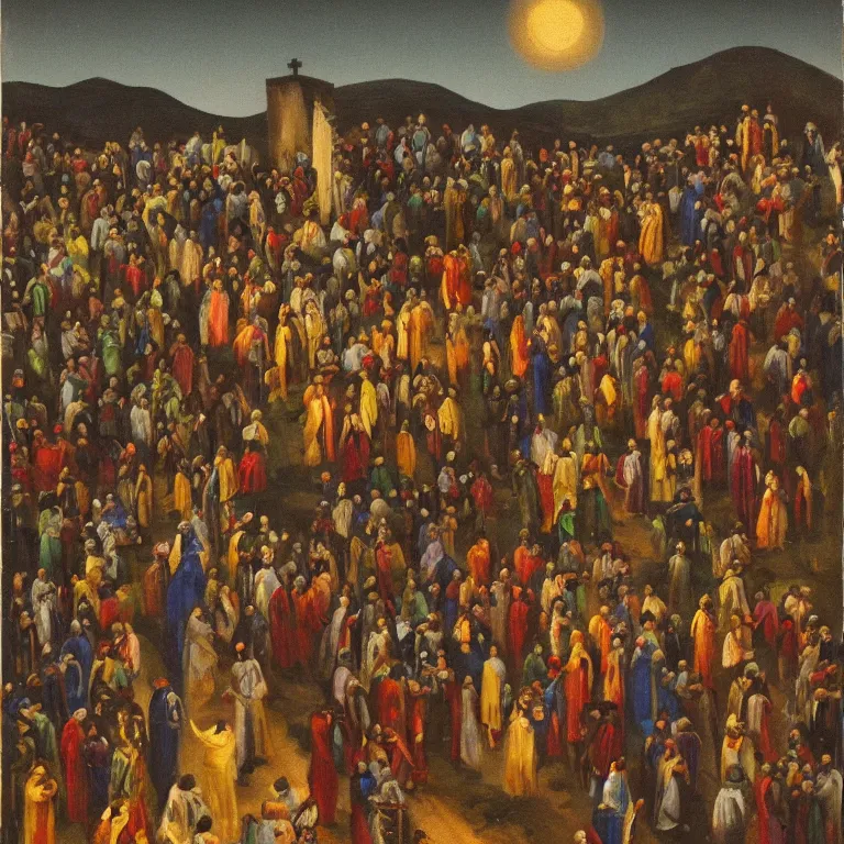 Prompt: A Holy Week procession of souls in a lush Spanish landscape at night. A figure at the front holds a cross. Art Deco.