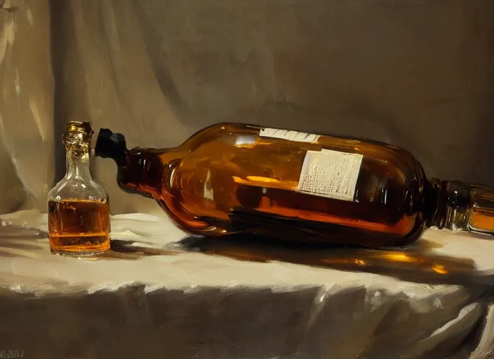 Prompt: oil painting of whiskey bottle, barley grain, art by anders zorn, wonderful masterpiece by greg rutkowski, beautiful cinematic light, american romanticism by greg manchess, creation by tyler edlin, folds of fabric, tablecloth, curtains, shiny oak table, polished wood