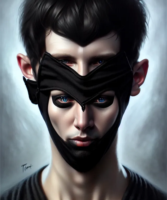Prompt: white man with black fabric mask, short dark hair, highly detailed face!!!, true anatomy!, extremely detailed!, digital painting, unreal engine 5, art by tom bagshaw