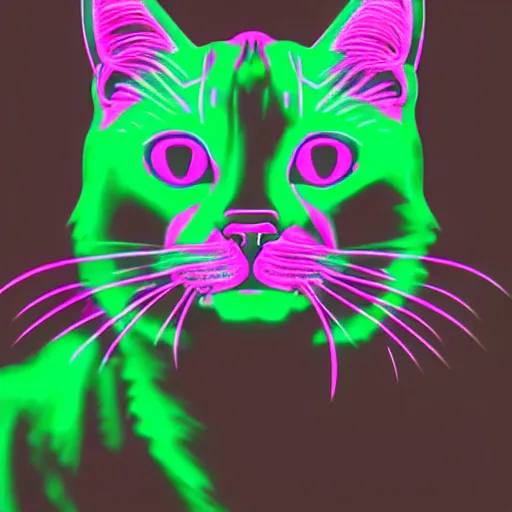 Image similar to cat head, portrait, vaporwave, synthwave, neon, vector graphics, vector art, sharp, crisp, clean, cinematic, volumetric lighting, f 8 aperture, cinematic eastman 5 3 8 4 film, lightning in background