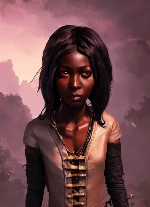 Image similar to An epic fantasy comic book style portrait painting of a short dark skinned girl thief with spidery hair and kind eyes, unreal 5, DAZ, hyperrealistic, octane render, cosplay, RPG portrait, dynamic lighting