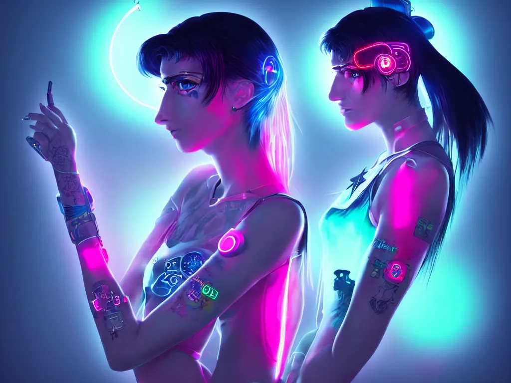 Image similar to a portrait of the neon cyberpunk sailor moon with arm tattoos, single person, dystopian scifi gear, gloomy, profile picture,