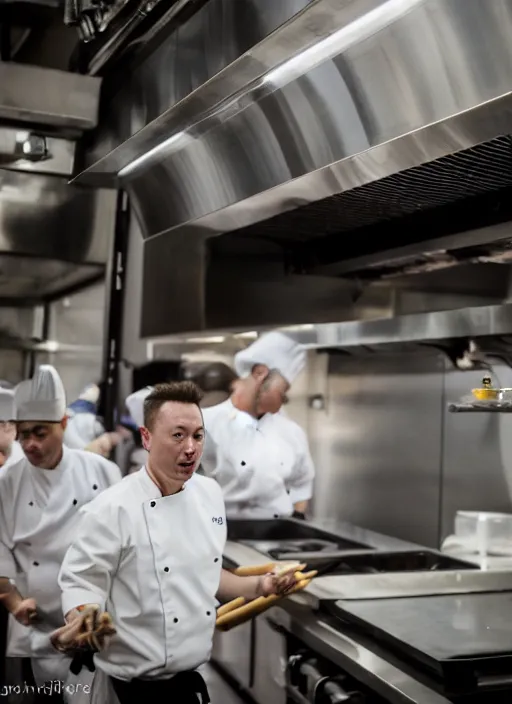 Image similar to a 2 8 mm macro photo from the back of a yakitori chef elon musk cooking in a commercial kitchen, splash art, movie still, bokeh, canon 5 0 mm, cinematic lighting, dramatic, film, photography, golden hour, depth of field, award - winning, anamorphic lens flare, 8 k, hyper detailed, 3 5 mm film grain