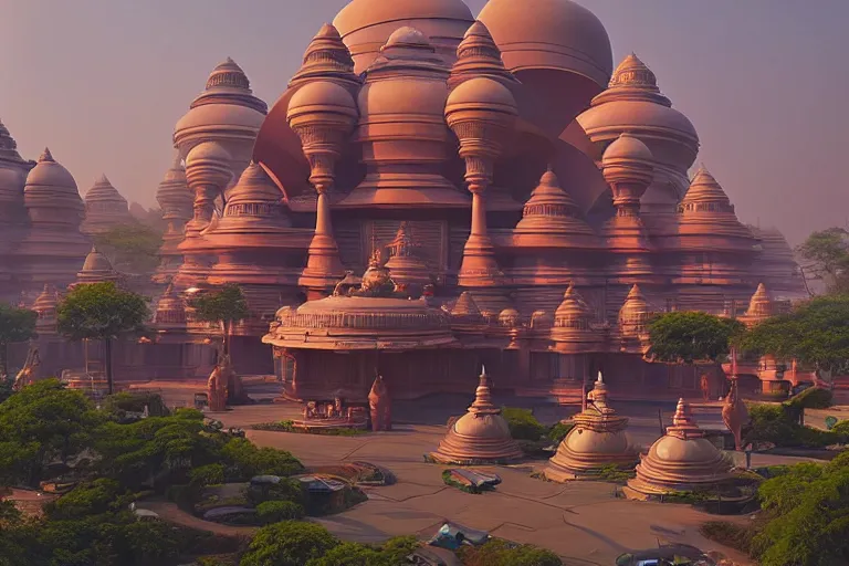 Image similar to beautiful futuristic biomorphic new delhi, sci - fi ganesha!! building, kalighat flowers, octane highly detailed cinematic, stephen shore & john j. park, soft morning light, wide shot, aerial shot, uhd 8 k, shallow depth of field