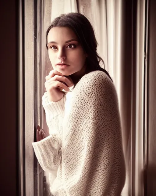 Image similar to a dreamy photograph of a pretty french girl with dark hair, wearing a loose oversized white sweater, cuddled up by a windowsill sipping a mug of tea during sunset. dramatic lighting, fantasy, intricate, elegant, highly detailed, lifelike, photorealistic, Sigma 1.6, 50mm, bokeh, HDR, high resolution, artstation, concept art, smooth, sharp focus, art by John Collier and Albert Aublet and Krenz Cushart and Artem Demura and Alphonse Mucha