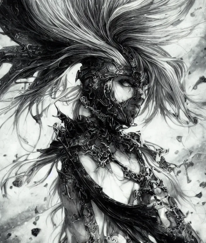 Image similar to Yoshitaka Amano realistic illustration of an anime girl with white hair and cracks on her face wearing dark souls armour with the cape fluttering in the wind, abstract black and white patterns on the background, noisy film grain effect, highly detailed, Renaissance oil painting, weird portrait angle