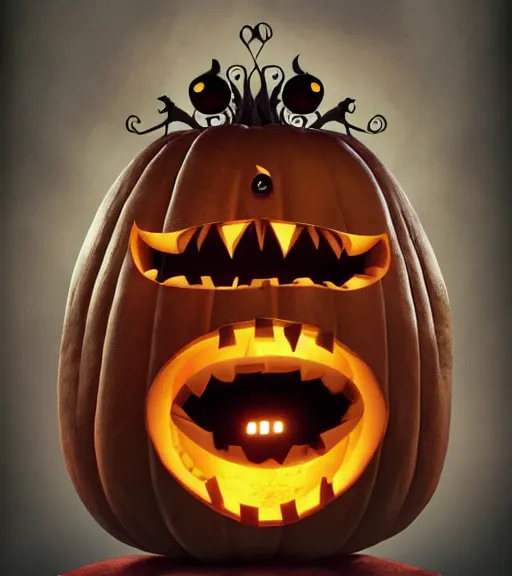 Prompt: a tim burton design of a pumpkin face with large eye bags, looks like a king, giant and fat, laughing, detailed game art illustration, menacing carved facial expression, creepy lighting, 4 k artstation, masterpiece