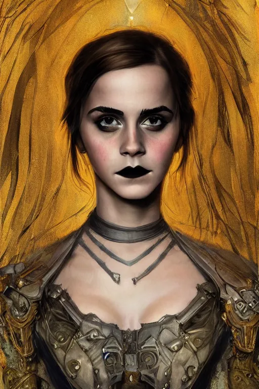 Image similar to portrait of beautiful gothic Emma Watson, cyberpunk, Warhammer, highly detailed, artstation, illustration, art by Gustav Klimt