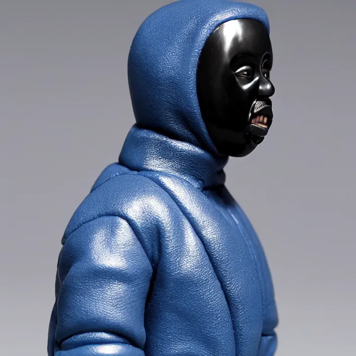 Image similar to a goodsmile figure of kanye west using a full face covering black mask, a small, tight, undersized reflective bright blue round puffer jacket made of nylon, dark jeans pants and big black balenciaga rubber boots, figurine, detailed product photo