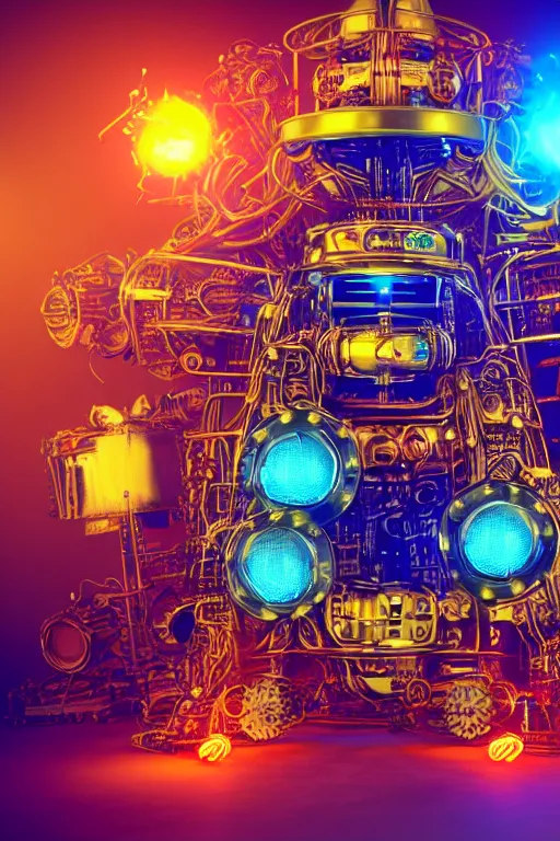 Image similar to portrait photo of a giant huge golden and blue metal futuristic steampunk robot covered with multicolored big gears and tubes, a huge steampunk drumset, eyes are glowing red lightbulbs, shiny crisp finish, 3 d render, animusic, 8 k, insaneley detailed, fluorescent colors, background is multicolored lasershow