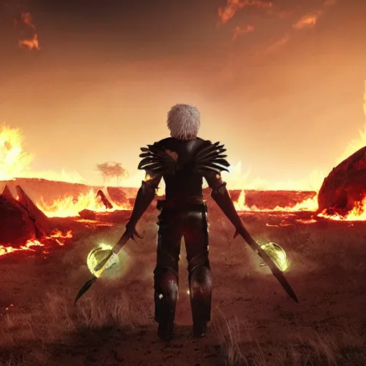 Image similar to Lionman with white hair and glowing yellow eyes wearing leather armor, walking towards the camera, burning city in background, charred landscape, Ray Tracing Global Illumination, wielding a longsword, detailed fantasy art, Dim Lighting