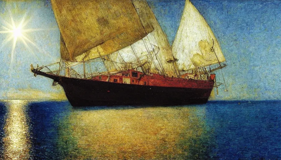 Prompt: a 1 9 9 8 southern brazil ship!!! costa blanca, designed by arnold bocklin, bispo do rosario, jules bastien - lepage, tarsila do amaral, arthur and gustave baumann, cheval michael, warm, mediterranean, star, sharp focus, colorful refracted sparkles and lines, soft light, 8 k 4 k