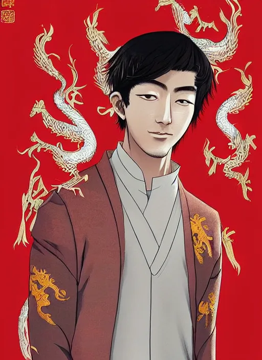 Image similar to concept art, a young chinese man with a pair of phoenix eyes, looks like kimura takuya, fair complexion, straight nose, thin lips, delicate eyebrows, handsome and elegant, wearing a chinese tunic suit with a red chinese dragon embroidered on it, conrad roset, japanese manga style, flume cover art