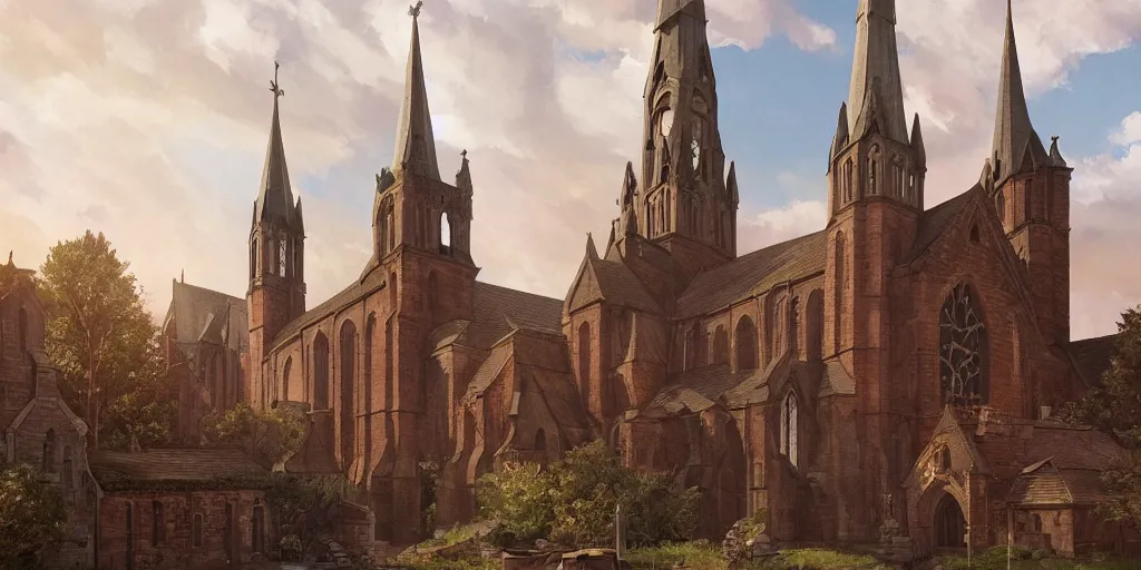 Image similar to empty medieval port town large church top of a small hill in the center of town. imposing brick facade and a tall spire pokemon sword and sheild, bright future, social realism, highly detailed, digital painting, artstation, concept art, matte, sharp focus, illustration, art by artgerm and greg rutkowski and alphonse mucha