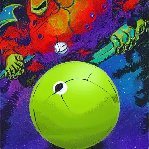 Prompt: a tennis ball monsters ,tennis ball, colorful, digital art, fantasy, magic, trending on artstation, ultra detailed, professional illustration poster by Basil Gogos