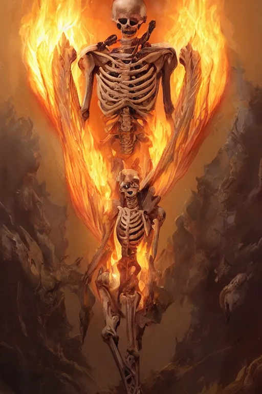 Prompt: skeleton burning in divine holy flame spell scroll art by artgerm and greg rutkowski and Craig Mullins, James Jean, Andrey Ryabovichev, Mark Simonetti and Peter Morbacher 16k