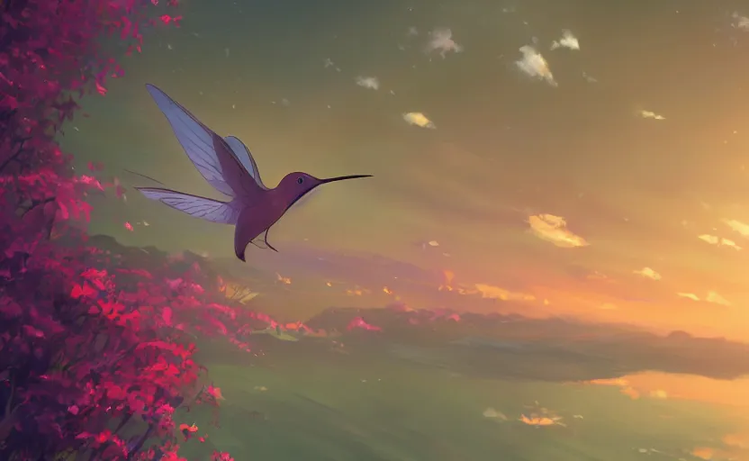 Prompt: a single humming bird in midair, DSLR, anime scenery illustrated by Makoto Shinkai, digital art, 4k