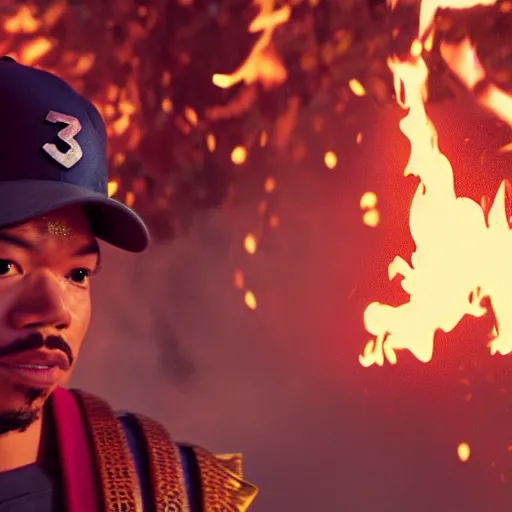 Image similar to cinematic film still of Chance The Rapper starring as a Samurai holding fire, Japanese CGI, VFX, 2022, 40mm lens, shallow depth of field, film photography