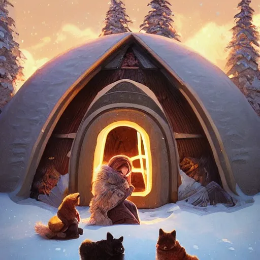 Image similar to Eskimo family in front of their igloo, intricate, elegant, highly detailed, digital painting, artstation, concept art, smooth, sharp, focus, illustration, art by artgerm and greg rutkowski and alphonse mucha