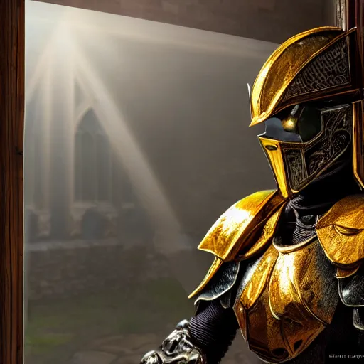 Image similar to evil knight, glowing halo, fantasy paladin, intricate legendary armor, located in a castle, morning sunlight through the window, decorated, high quality, highly detailed, 4 k