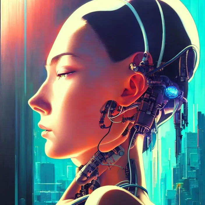 Image similar to side portrait of cyborg girl with robotic parts | | head only in center of image, audrey plaza, fine detail!! anime!! realistic shaded lighting!! poster by ilya kuvshinov katsuhiro otomo ghost - in - the - shell, magali villeneuve, artgerm, jeremy lipkin and michael garmash and rob rey