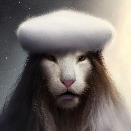 Image similar to portrait of a white panter with a very long fur and wizard hat, fantasy, trending on artstation, heroic pose, illustration, highly detailed, simple, 8k