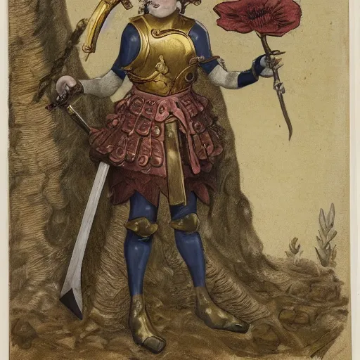 Image similar to an anthropomorphic poppy flower wears an iron breastplate with a gilded crown crest on it, holding a sword and shield as if she's ready for battle, standing next to a large tree stump that seems to be made out of white marble or stone