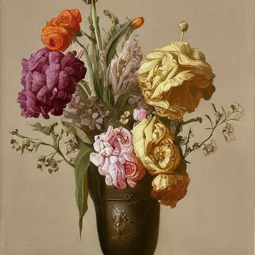 Prompt: a painting of flowers flemish baroque, by jenny eakin delon, neoclassicism, flemish baroque, made of flowers