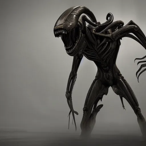 Image similar to centered photorealistic antropomorphic xenomorph inspired by Giger, sinister background, octane render, unreal engine 4k, volumetric light, fog, wide shot, detailed