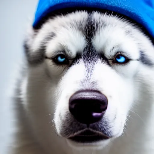Prompt: a studio photo of a husky wearing a blue cap,photorealistic,professional photography,focus,depth of field,hyperdetailed,studio lighting,3 point lighting,detailed face,cute