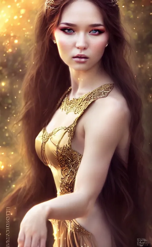 Image similar to a fantasy photo of gorgeous russian female, evening gown, bokeh, medium shot, beautiful face, professionally retouched, soft lighting, realistic, smooth face, perfect eyes, sharp focus, 8 k realistic high definition, insanely detailed, intricate, elegant, art by artgerm and kyoung hwan kim