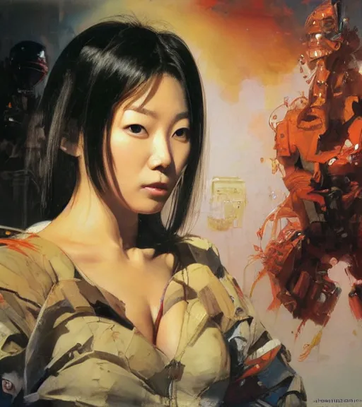 Image similar to Lee Jin-Eun by John Berkey and Gerald Brom, rule of thirds, seductive look, beautiful, in intergalactic hq