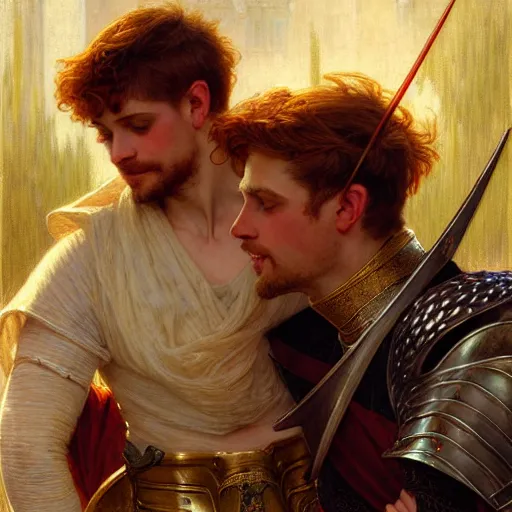 Image similar to attractive arthur pendragon and his attractive male knight, they are in love, natural lighting, path traced, highly detailed, high quality, digital painting, by gaston bussiere, craig mullins, alphonse mucha j. c. leyendecker