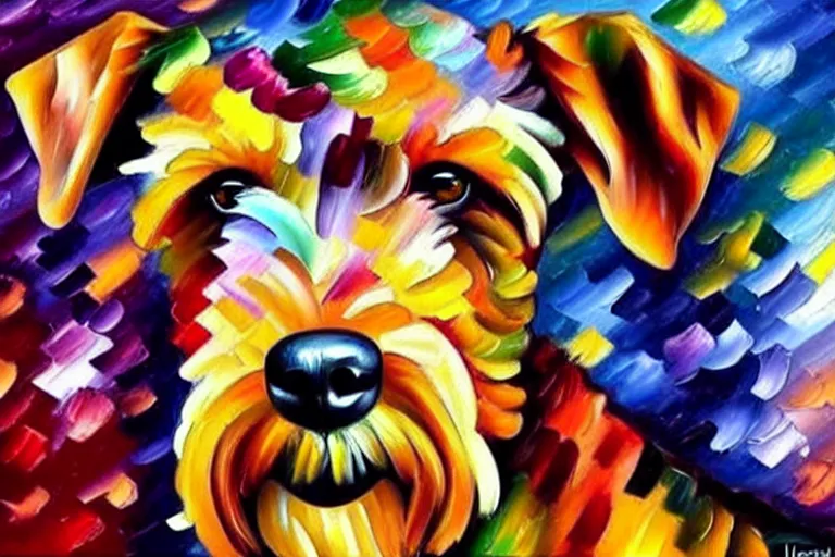 Prompt: portrait of airedale terrier. painting by leonid afremov